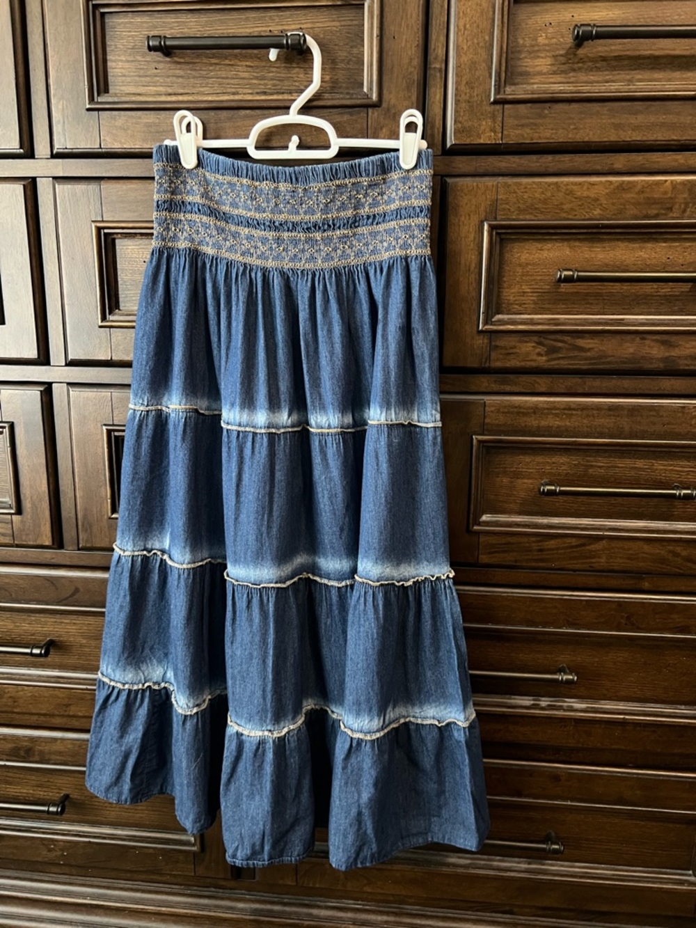 Smocked Waist Denim Tiered Maxi Skirt - Blue